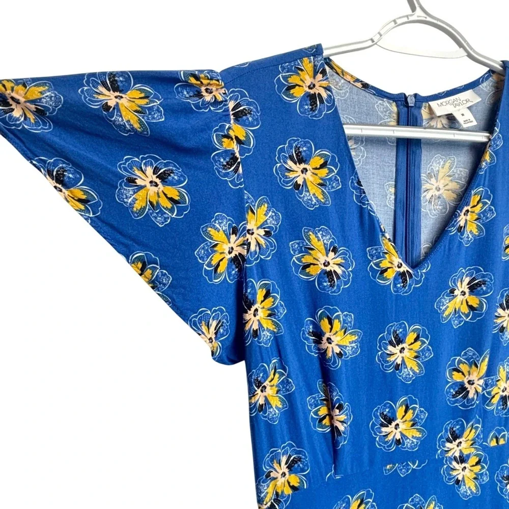 Floral Flutter Sleeve Dress Cottagecore Prairie Blue Rayon Spring Summer Flowy M